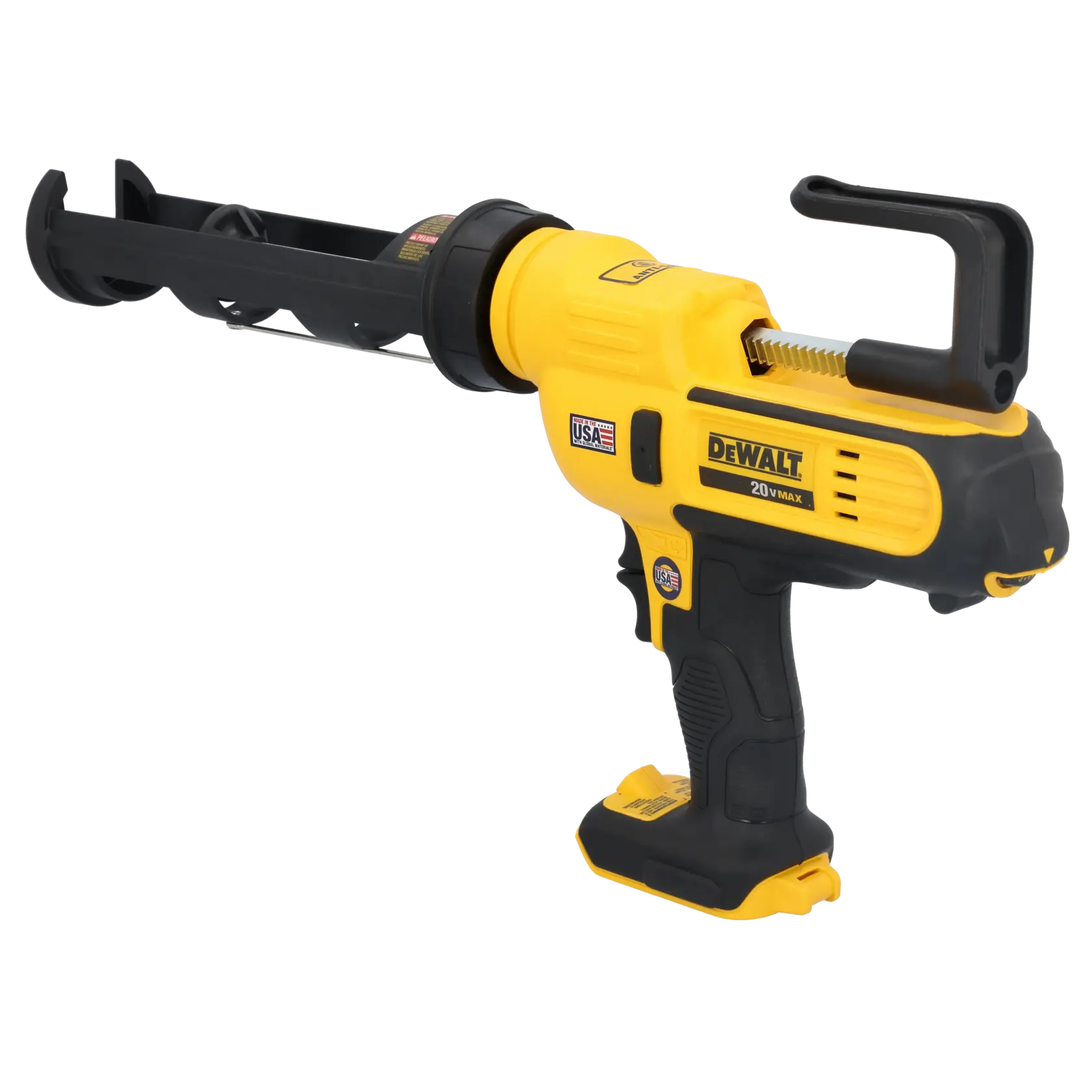 Uma pistola de calafetagem sem fio DEWALT 20V MAX amarela e preta, projetada para uso profissional, mostrada em ângulo lateral sobre um fundo branco.