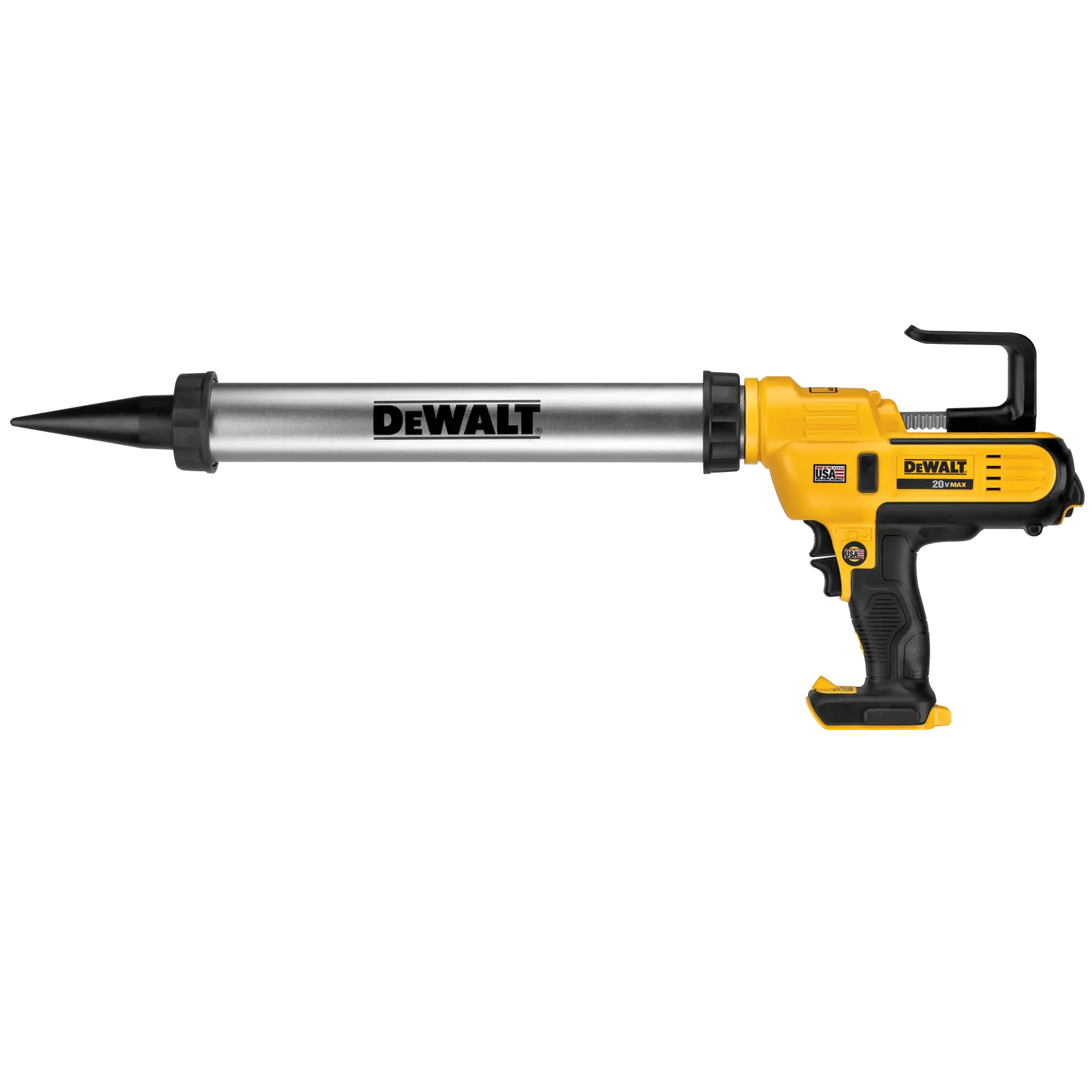 Uma pistola de calafetagem sem fio DEWALT em amarelo e preto, com um tubo metálico longo e um bico preto pontiagudo.