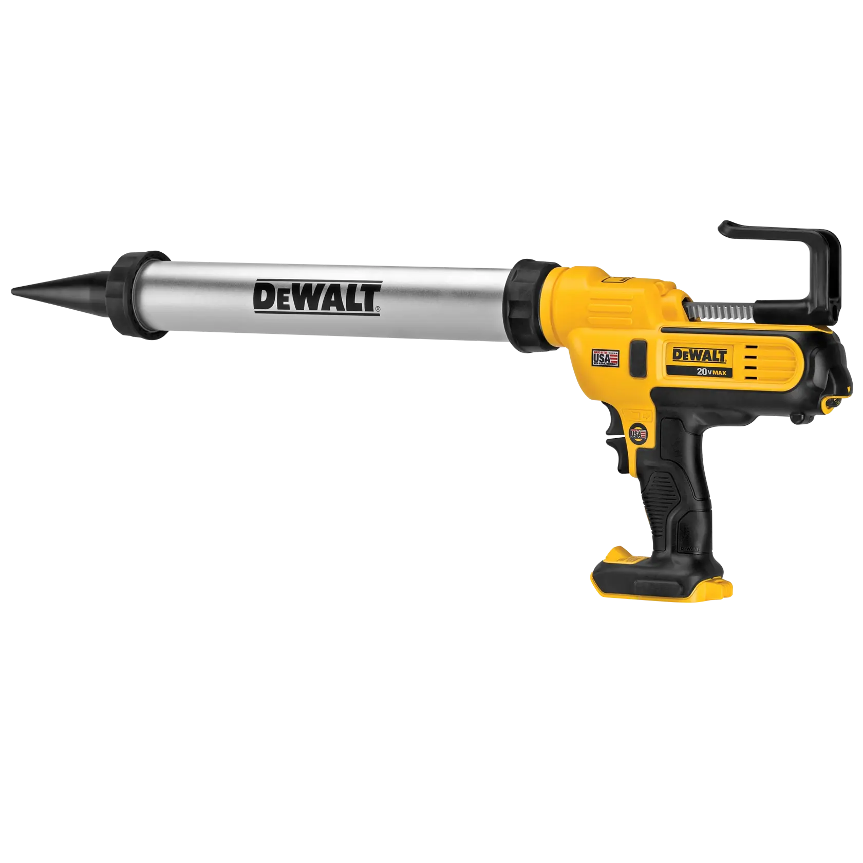 Pistola de calafetar sem fio DEWALT DCE580B com cabo amarelo e preto e um tubo longo prateado para aplicação de selante.