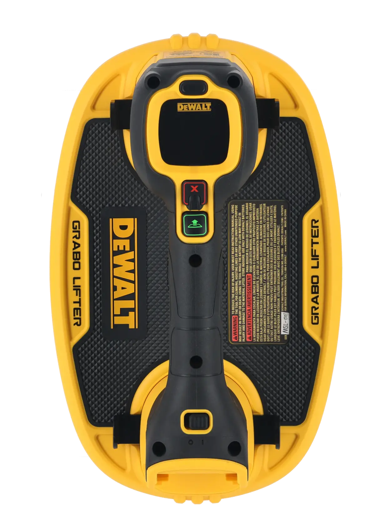 Um DEWALT Grabo Lifter, uma ferramenta elétrica portátil com design amarelo e preto, utilizada para levantar e transportar objetos pesados com tecnologia de sucção.