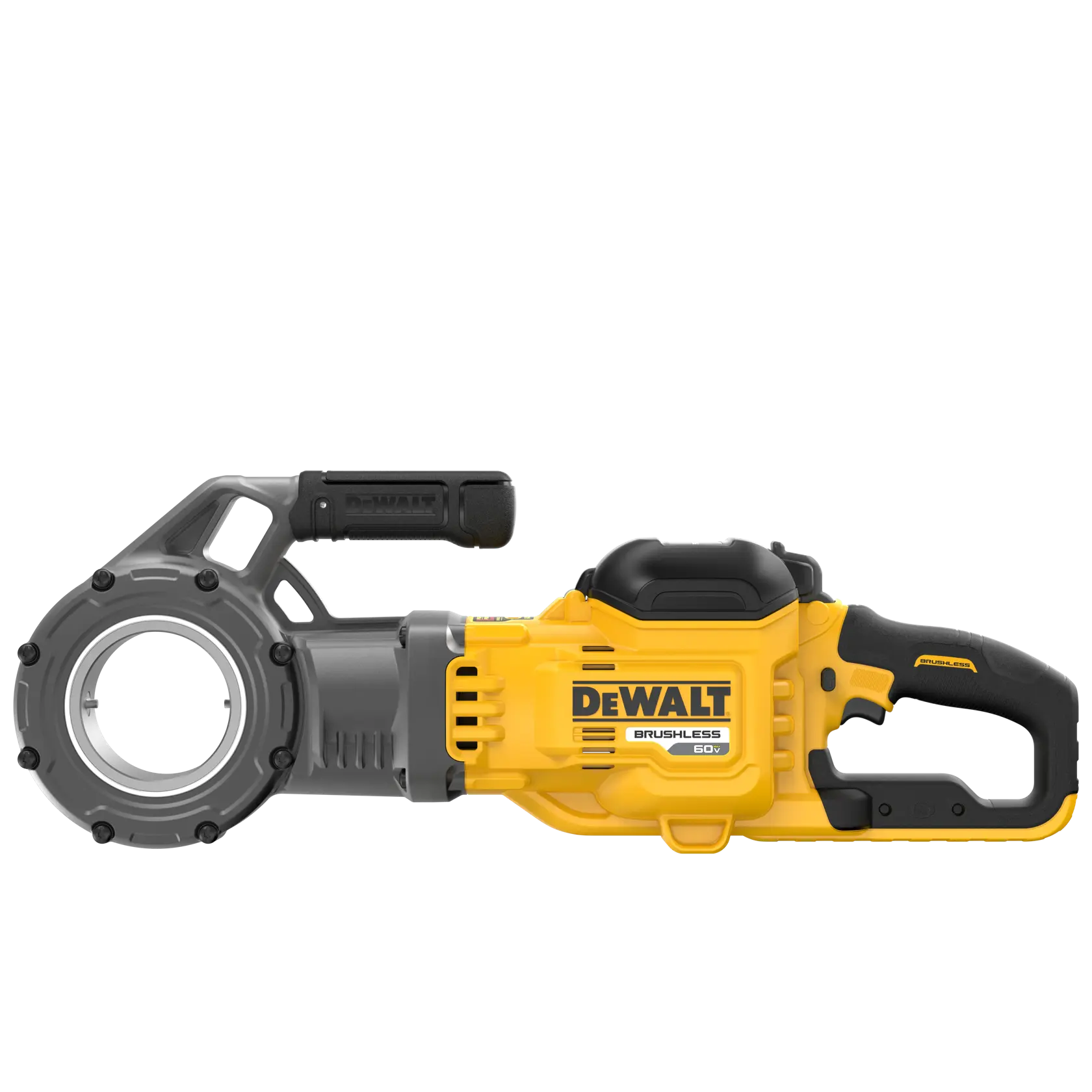 Ferramenta roscadora de tubo sem fio DEWALT brushless 60V em amarelo e preto, projetada para uso industrial e de encanamento, com cabeça circular de roscagem e cabo ergonômico.