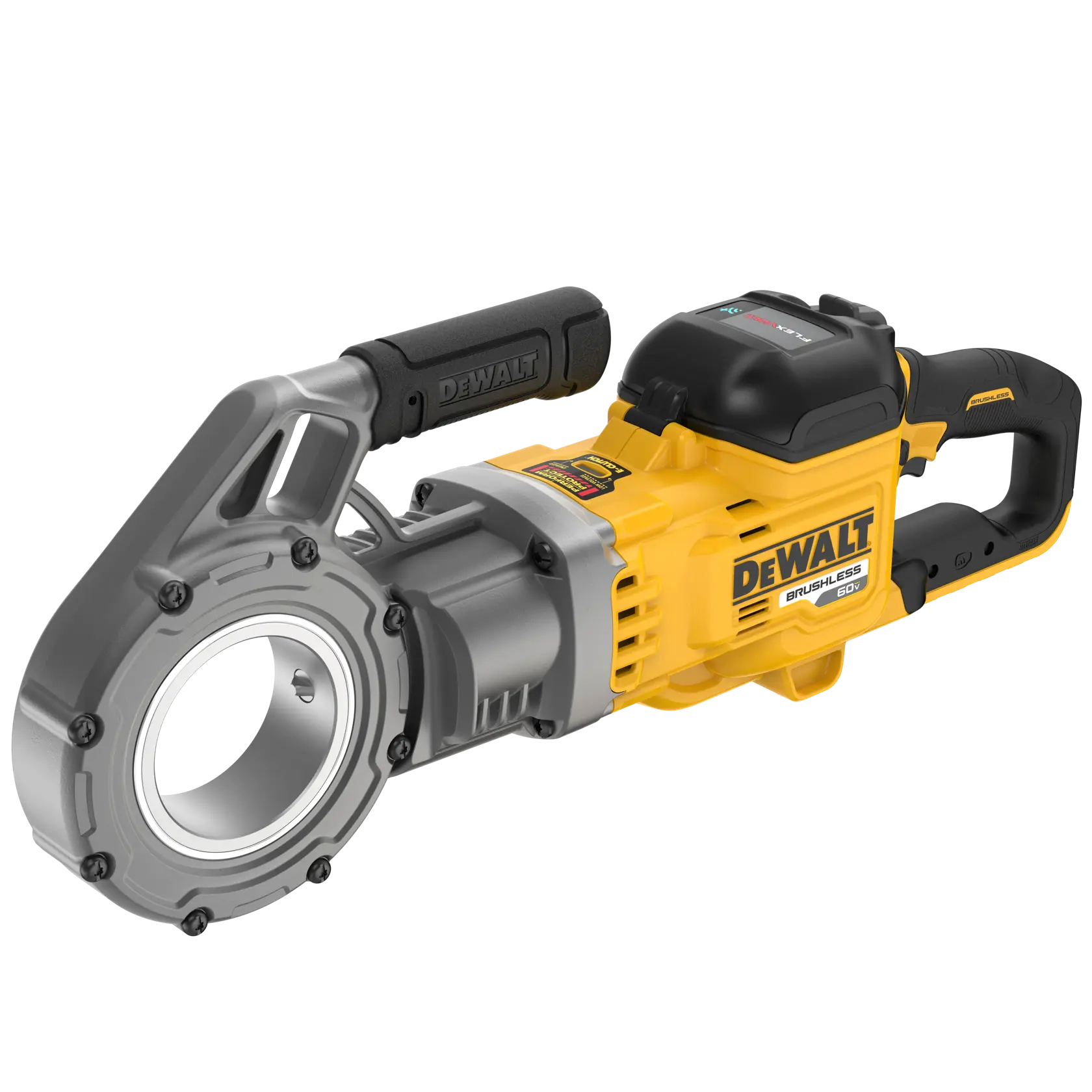 Uma ferramenta elétrica DEWALT sem escovas, especificamente um rosqueador de tubos, com design em amarelo e preto, área cilíndrica metálica para rosqueamento e alça ergonômica.