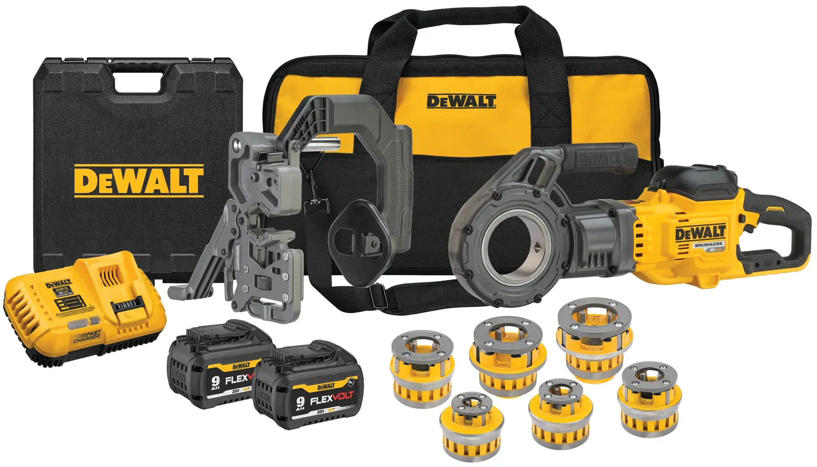 Um kit de rosqueamento de tubos sem fio DEWALT, incluindo uma máquina de rosqueamento de tubos amarela e preta, diversos tarraxas, carregador de baterias, duas baterias FLEXVOLT, uma caixa de transporte e uma bolsa de ferramentas macia, todos com a marca DEWALT.