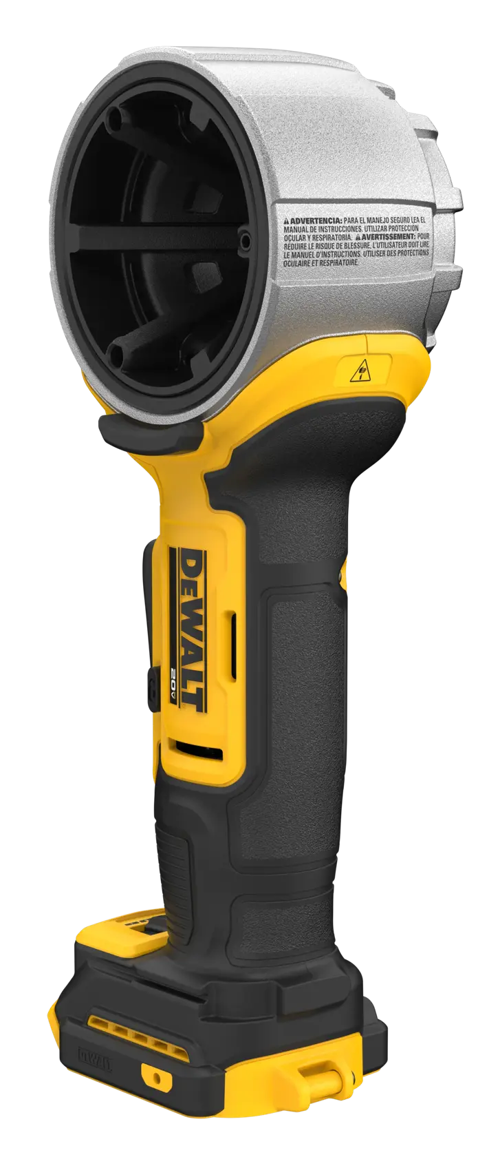 Ferramenta portátil sem fio com cabo preto e amarelo e cabeça metálica, da marca DEWALT. A ferramenta está em pé sobre um fundo branco.