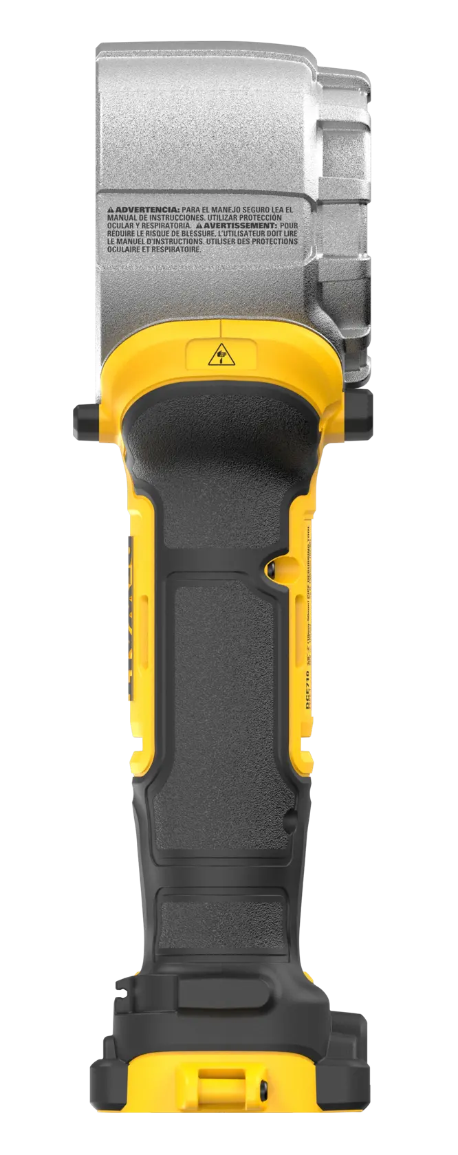 Vista frontal de uma empunhadura de ferramenta sem fio da DEWALT, com pega preta e amarela e cabeça metálica. A ferramenta está sem bateria conectada.