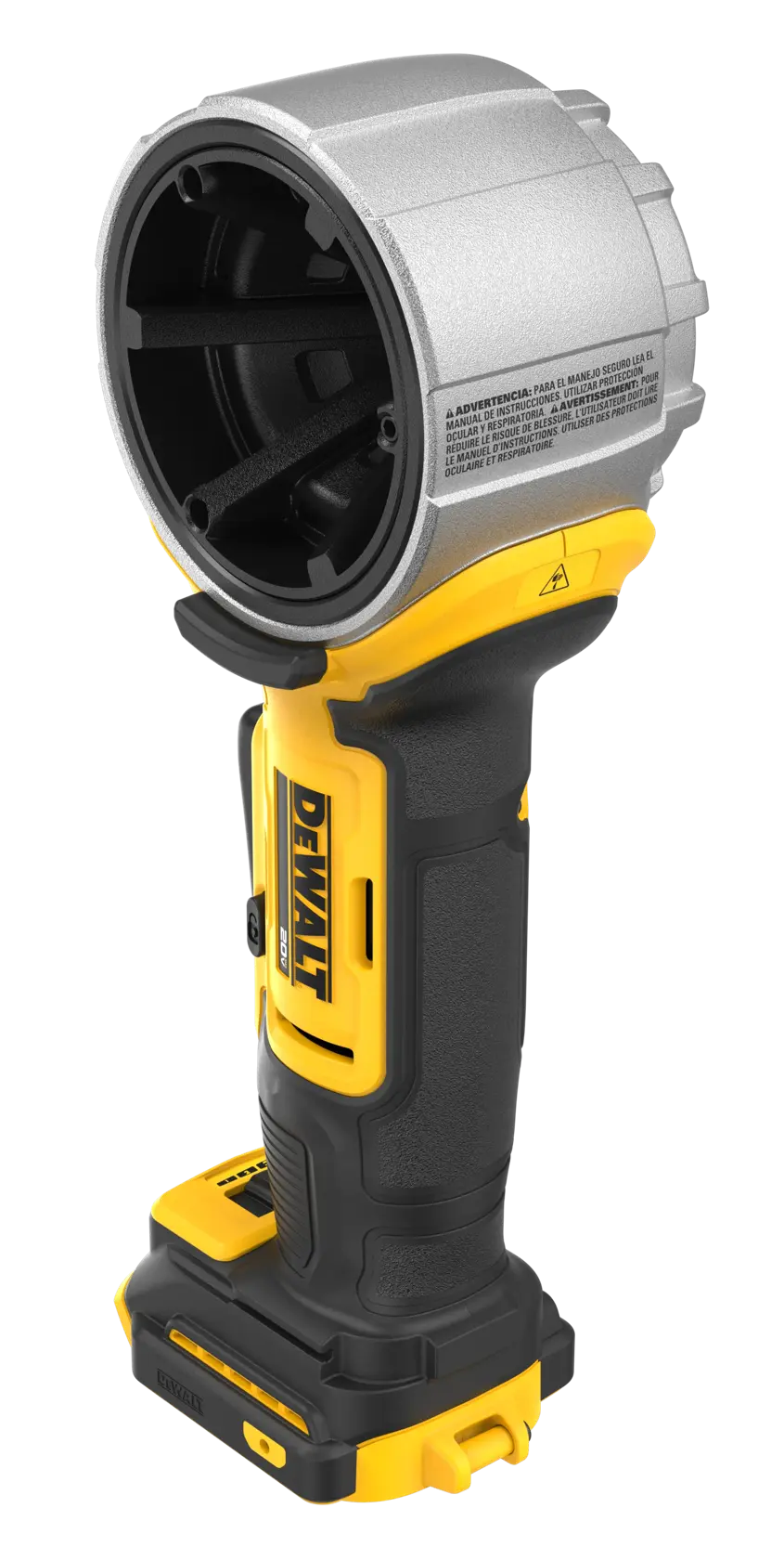 Uma ferramenta elétrica sem fio DEWALT com cabo preto e amarelo e cabeça cilíndrica metálica, exibida em posição vertical sobre um fundo branco.