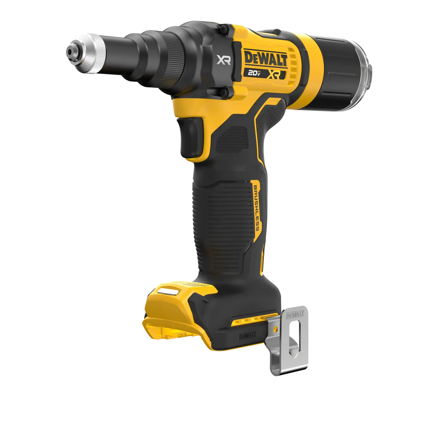 Parafusadeira sem fio DEWALT 20V XR brushless, com design ergonômico preto e amarelo e presilha de metal para cinto na base.