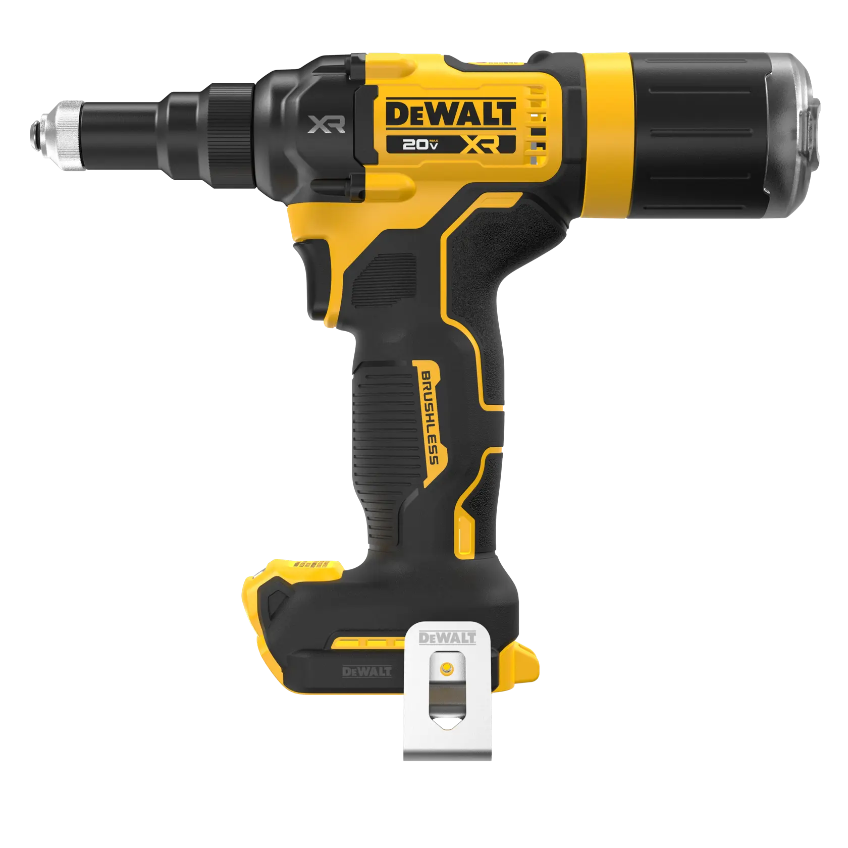 Uma ferramenta parafuso sem fio DEWALT 20V XR brushless, mostrada em amarelo e preto com um acessório metálico próximo à base. A ferramenta está vista de lado.