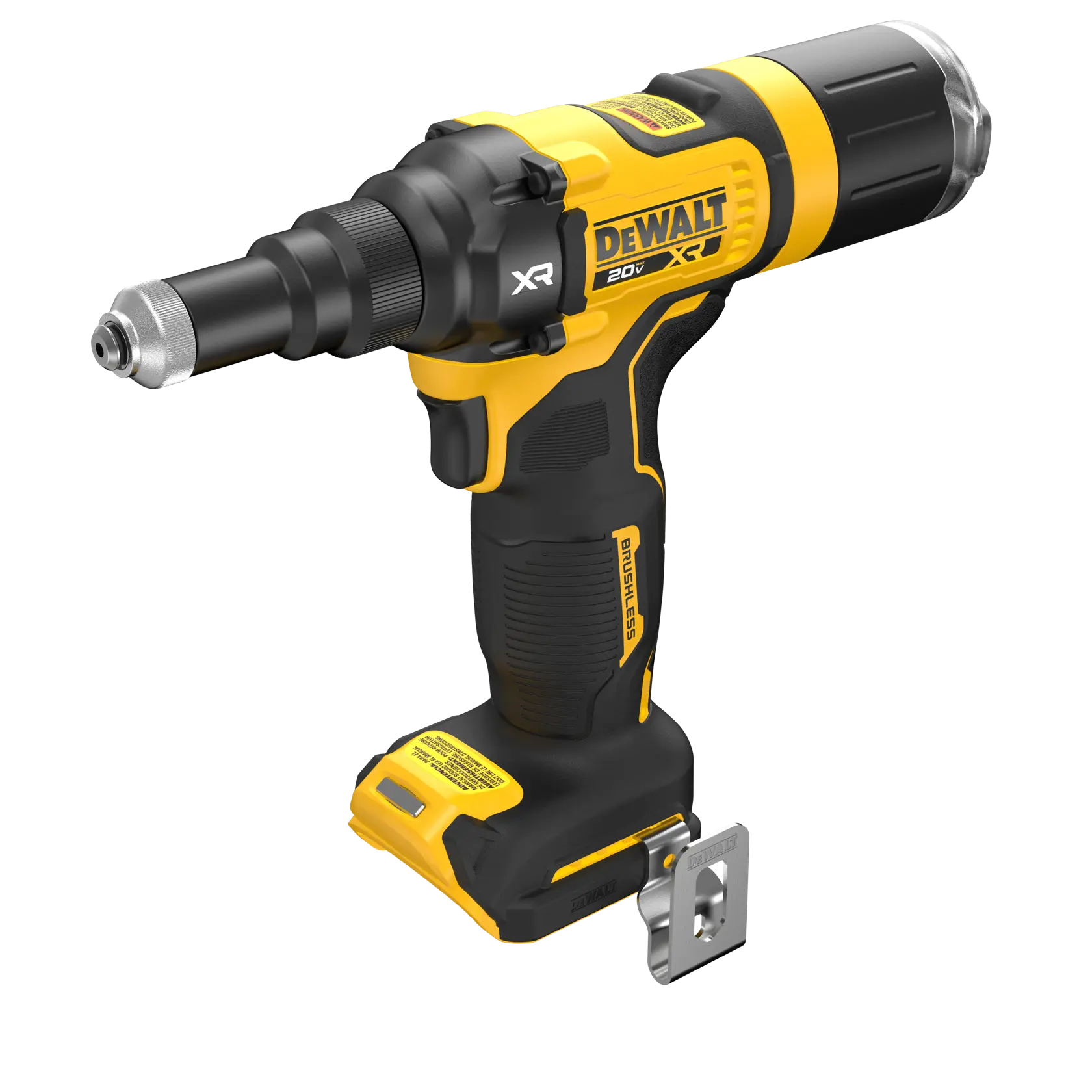 Uma ferramenta elétrica sem fio DEWALT 20V XR com design preto e amarelo, equipada com motor brushless e clipe de cinto de metal, apresentada em fundo branco.