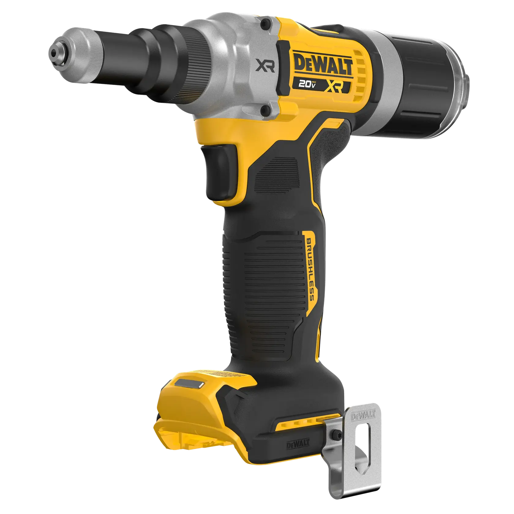 Uma ferramenta sem fio DEWALT 20V XR brushless, apresentada inclinada para a esquerda em um fundo branco. A ferramenta tem uma empunhadura preta e amarela e ponta de metal, com a marca DEWALT visível na lateral.