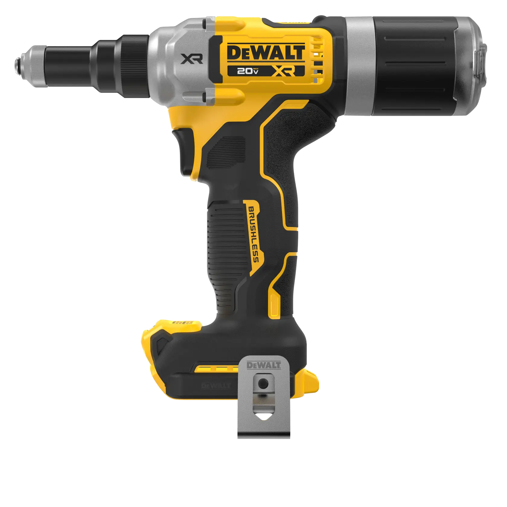 Ferramenta sem fio DEWALT 20V XR brushless, projetada para tarefas em obra, com cabo preto e amarelo, clipe de cinto de metal e design ergonômico robusto.