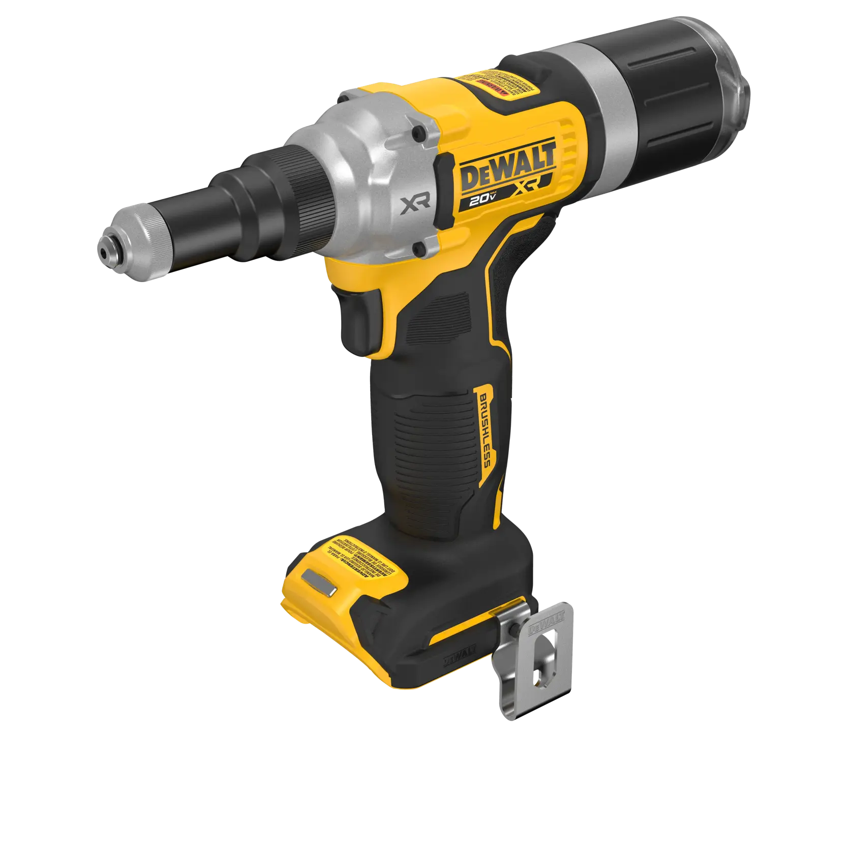 Uma ferramenta elétrica sem fio DEWALT 20V brushless, modelo DCF414B, projetada para aplicações pesadas. A ferramenta possui uma carcaça amarela e preta, uma pegada confortável e um acessório metálico na base.