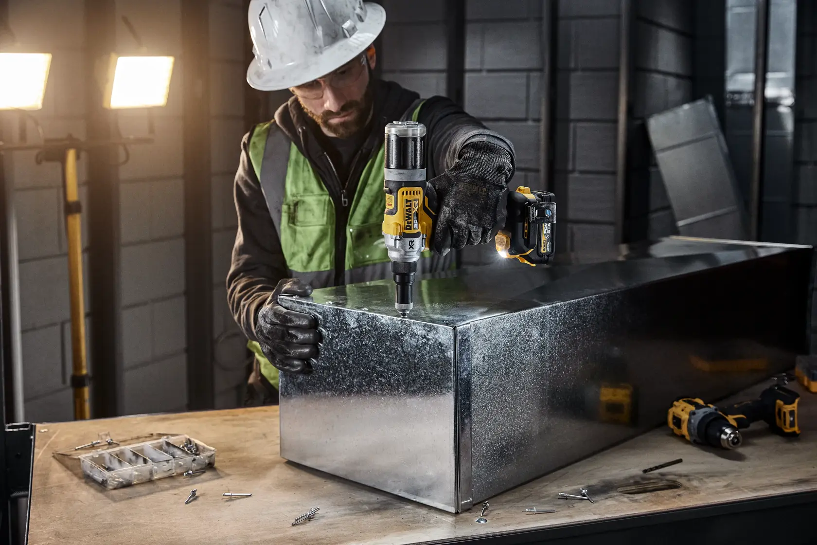 Una herramienta inalámbrica DEWALT 20V XR sin escobillas, mostrada inclinada a la izquierda sobre un fondo blanco. La herramienta tiene un mango negro y amarillo y una punta metálica, con la marca DEWALT visible en el lateral.