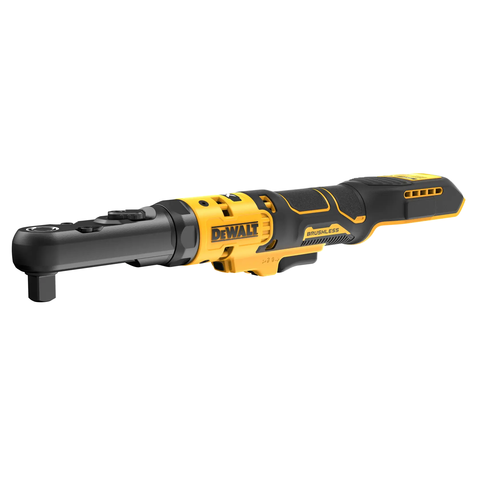 Uma ferramenta de catraca sem fio brushless DEWALT com design amarelo e preto, cabeça compacta e cabo ergonômico.