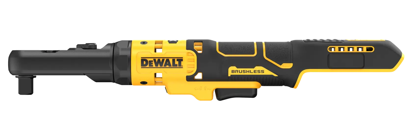 Uma catraca sem fio brushless da DEWALT, nas cores preta e amarela, vista lateralmente sobre fundo branco.