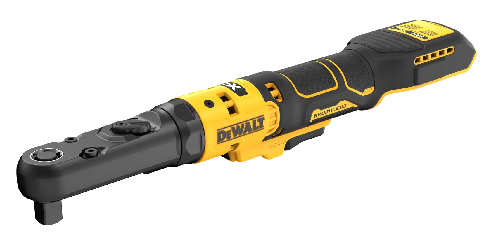Uma chave de catraca sem fio DEWALT com motor sem escovas, mostrada nas cores amarelo e preto.