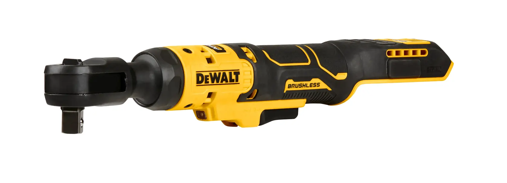 Uma ferramenta de catraca brushless sem fio DeWalt com design amarelo e preto, apresentada sobre fundo branco.