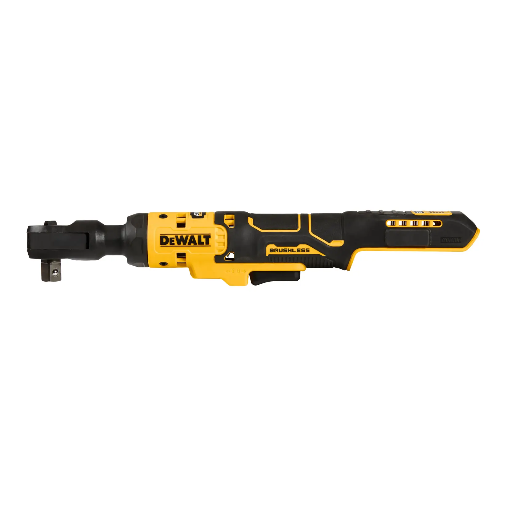 Uma ferramenta catraca sem fio e sem escovas da DEWALT, predominantemente preta e amarela, projetada para aplicações de fixação. A ferramenta possui uma empunhadura ergonômica e botões de controle visíveis.