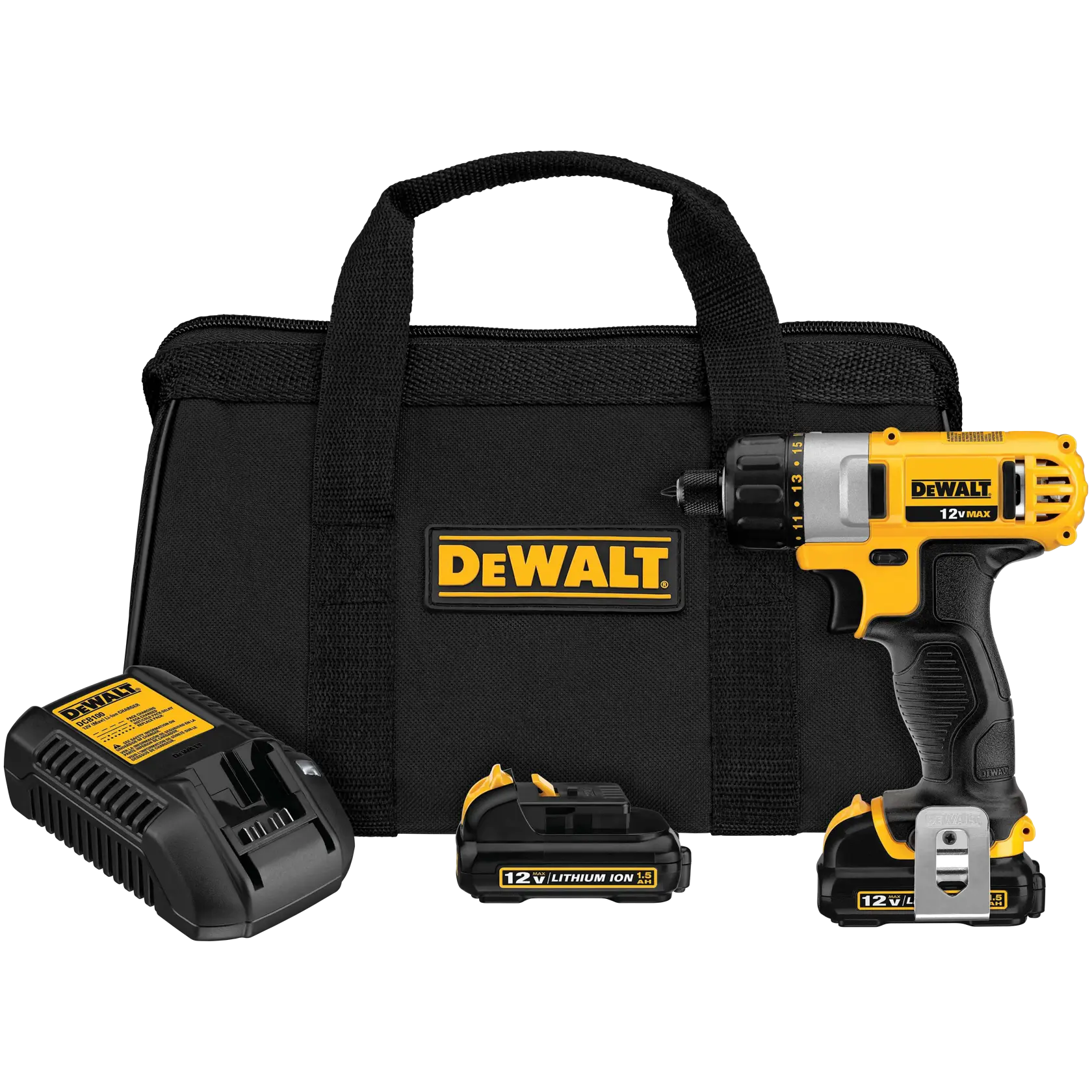 Um conjunto de furadeira sem fio DEWALT 12V MAX incluindo uma furadeira amarela e preta, duas baterias de íon de lítio, um carregador de bateria e uma bolsa de transporte preta com o logotipo DEWALT.