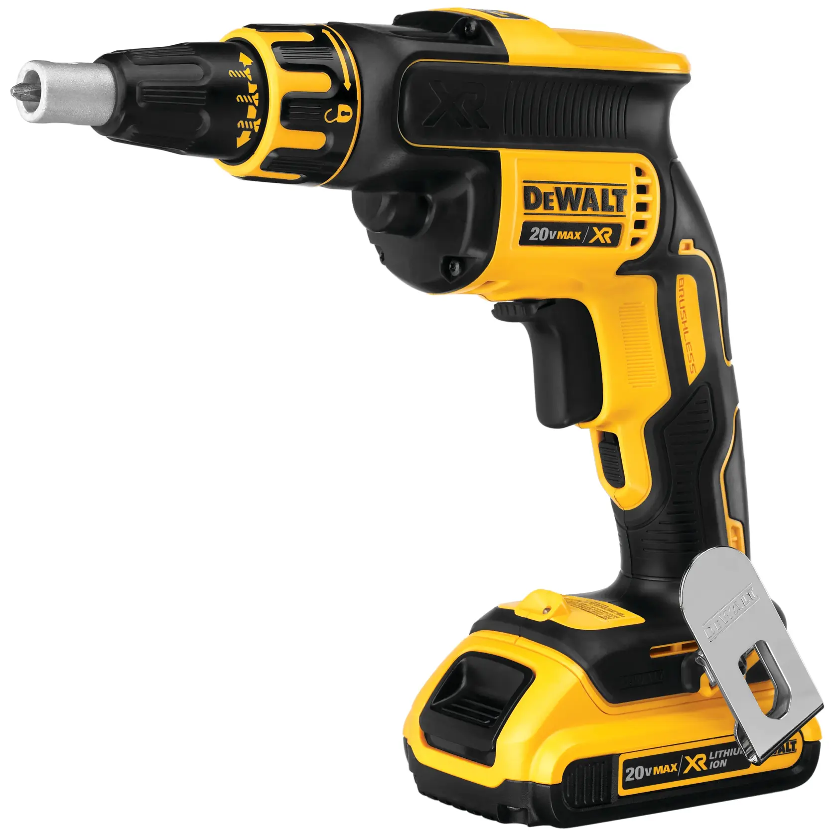 Uma parafusadeira sem fio DEWALT 20V MAX XR brushless com design amarelo e preto, equipada com bateria de íon de lítio e um clipe de metal para cinto na base.