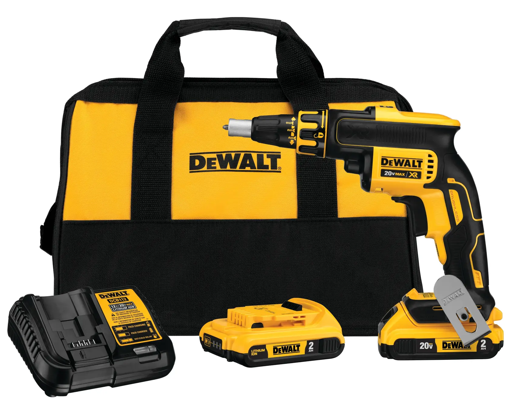 Kit parafusadeira sem fio DEWALT 20V MAX XR com bolsa de transporte preta e amarela, parafusadeira, carregador de bateria e duas baterias recarregáveis.
