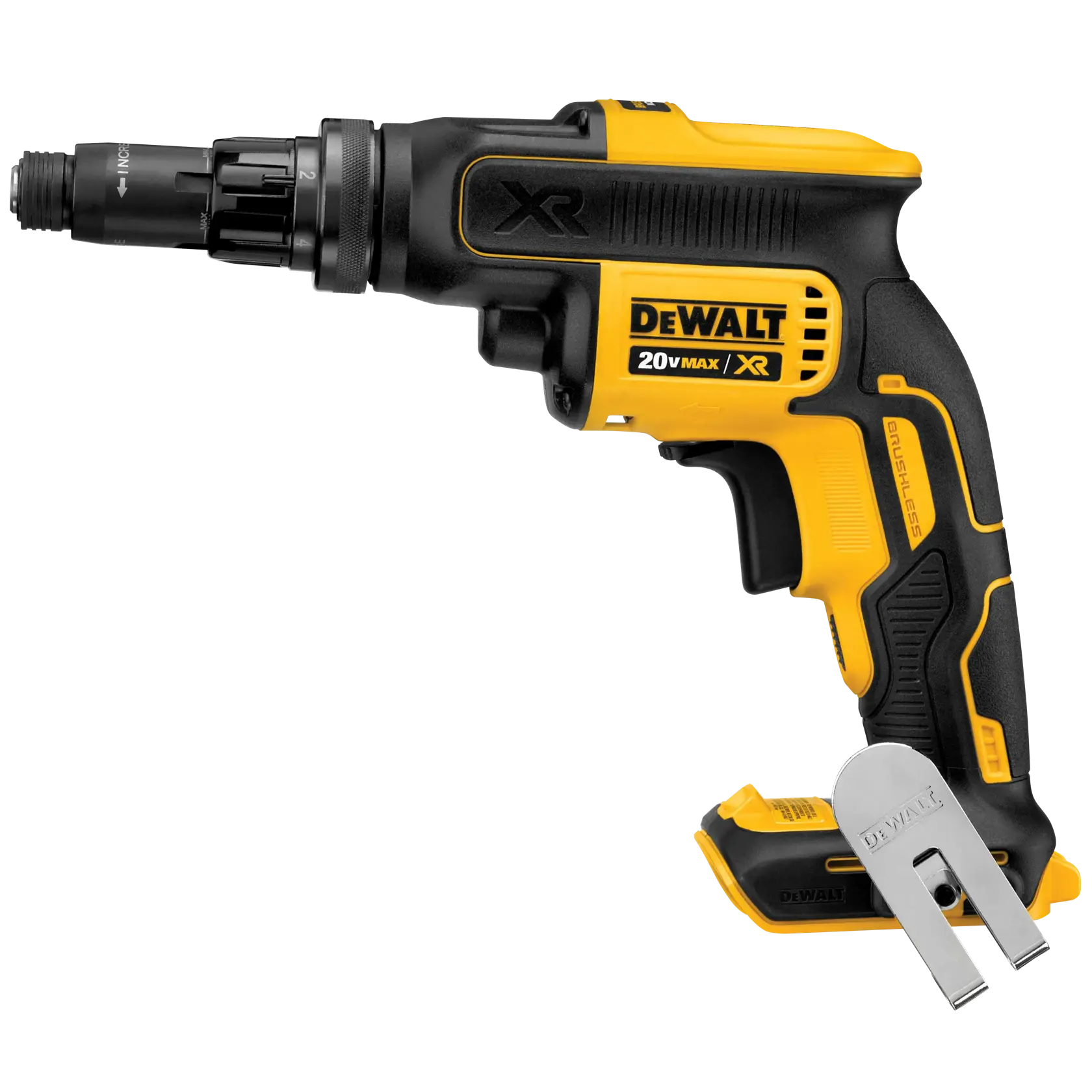 Uma parafusadeira sem fio DEWALT 20V MAX XR com corpo preto e amarelo, empunhadura ergonômica e um clipe de metal para cinto na base.