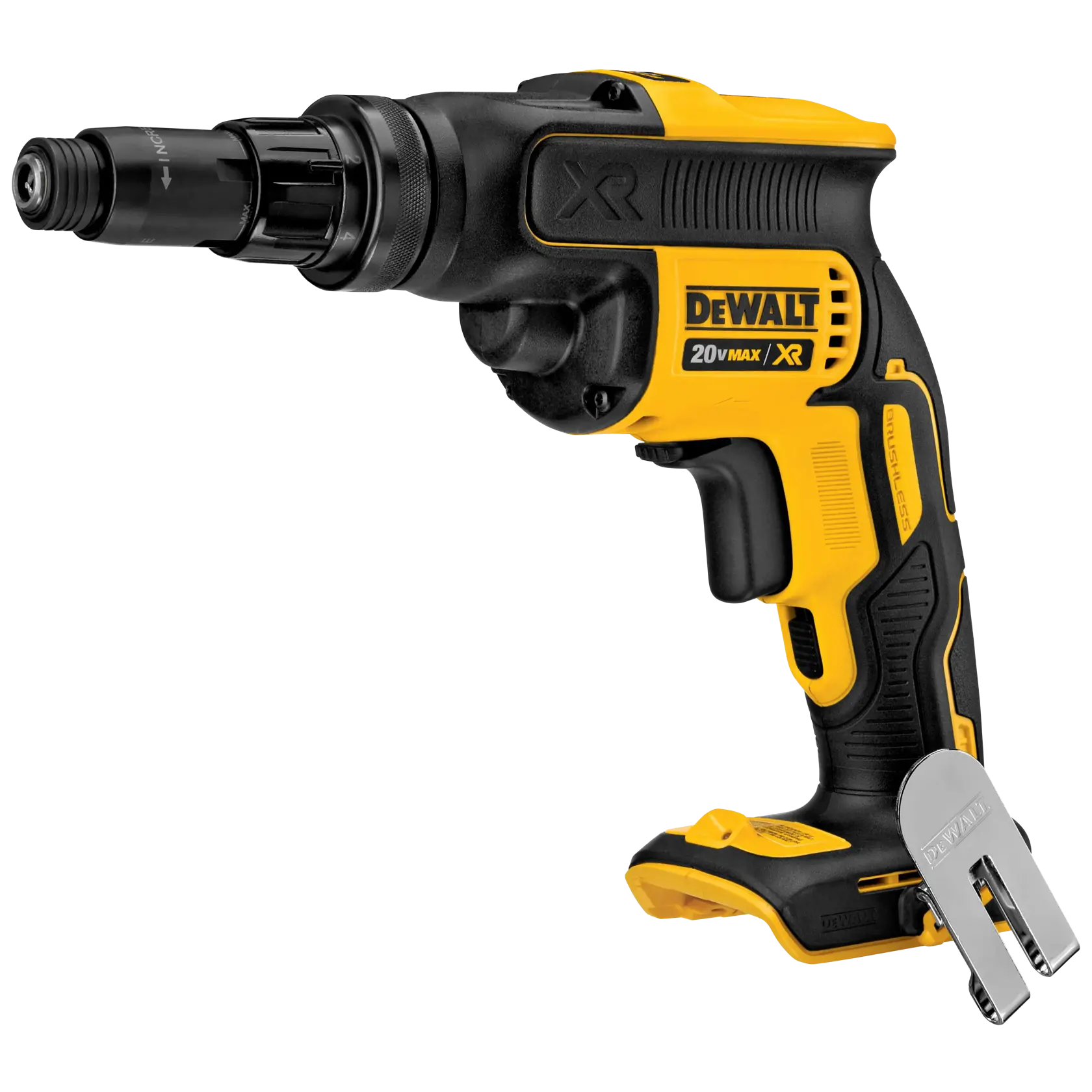 Parafusadeira sem fio DEWALT 20V MAX XR nas cores amarela e preta, com gancho para cinto e pegada ergonômica.