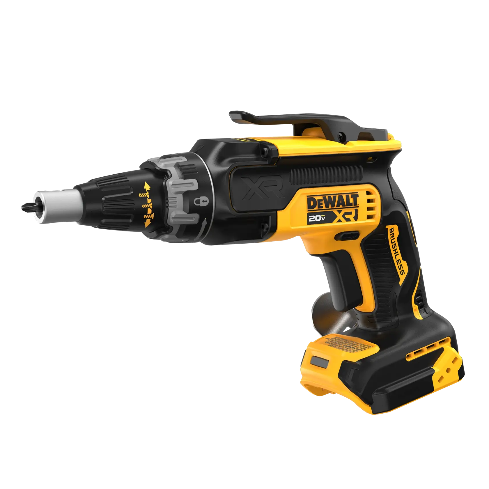 Uma parafusadeira sem fio DEWALT 20V XR brushless com design preto e amarelo, apresentando um clipe de metal para cinto na base.