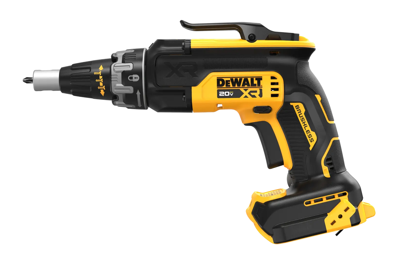 Uma parafusadeira sem fio DEWALT 20V XR brushless, com design preto e amarelo, vista de lado em um fundo branco.