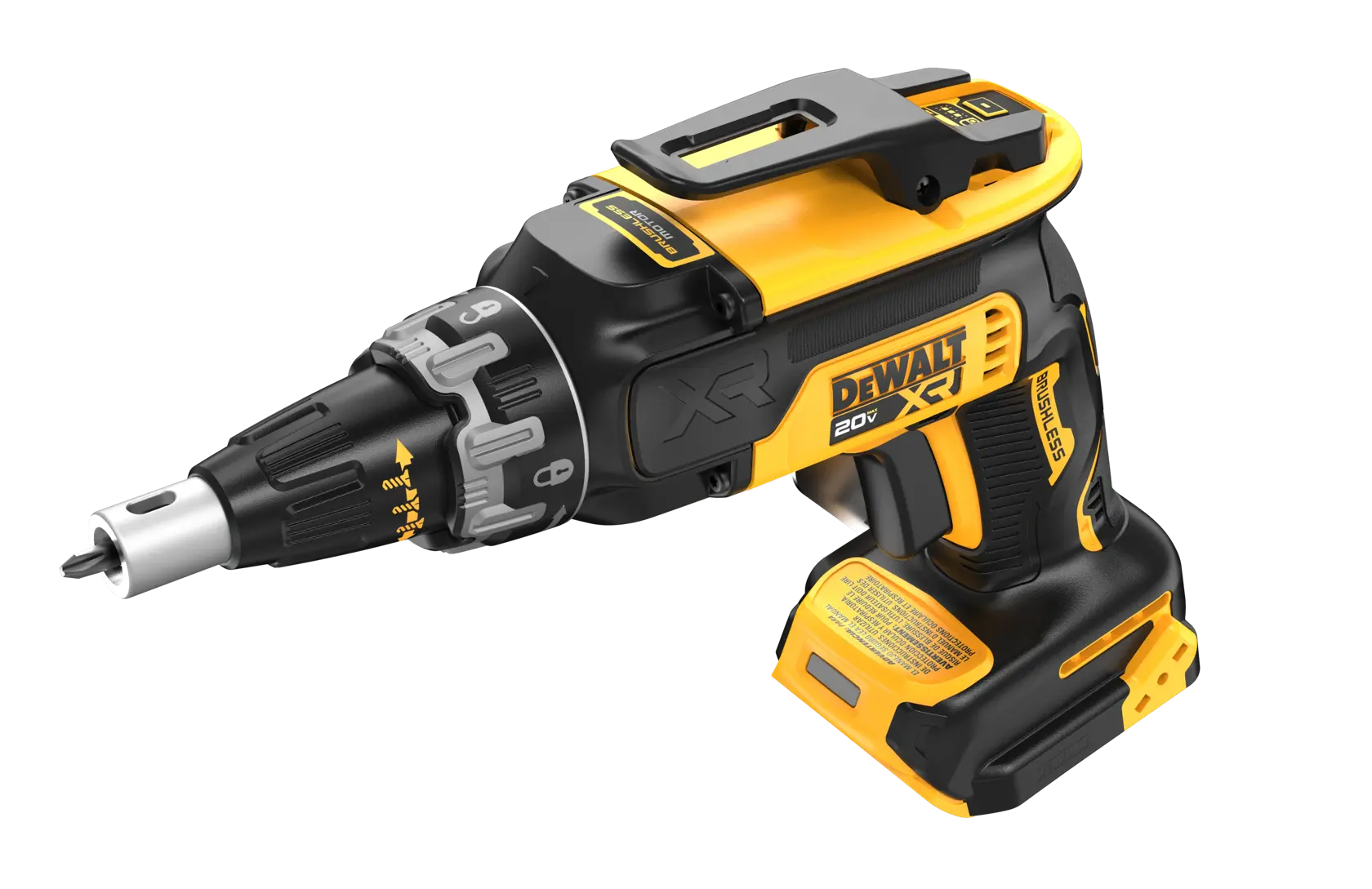 Uma parafusadeira sem fio DEWALT 20V XR com motor sem escovas, design amarelo e preto e ajustes reguláveis, apresentada sobre um fundo branco.