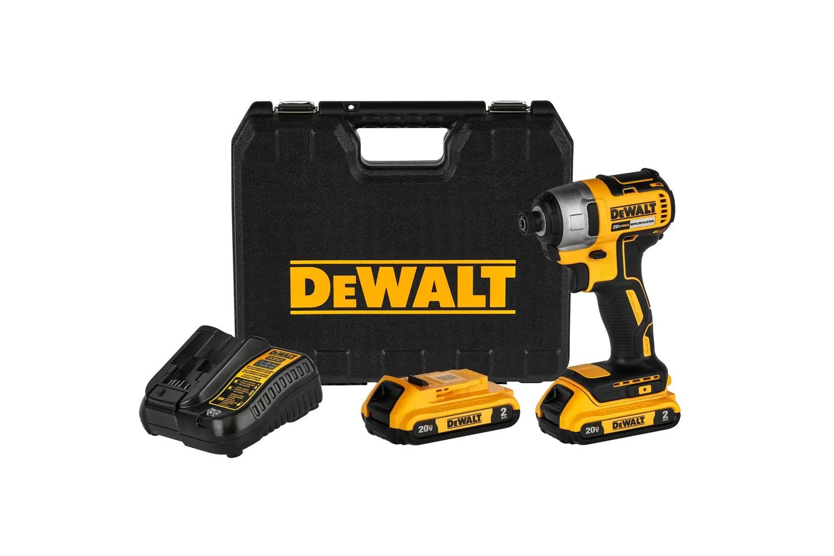 Um kit de parafusadeira de impacto sem fio DEWALT, incluindo uma parafusadeira de impacto amarela e preta, dois pacotes de baterias de 20V, um carregador de baterias e uma maleta preta com o logotipo DEWALT.