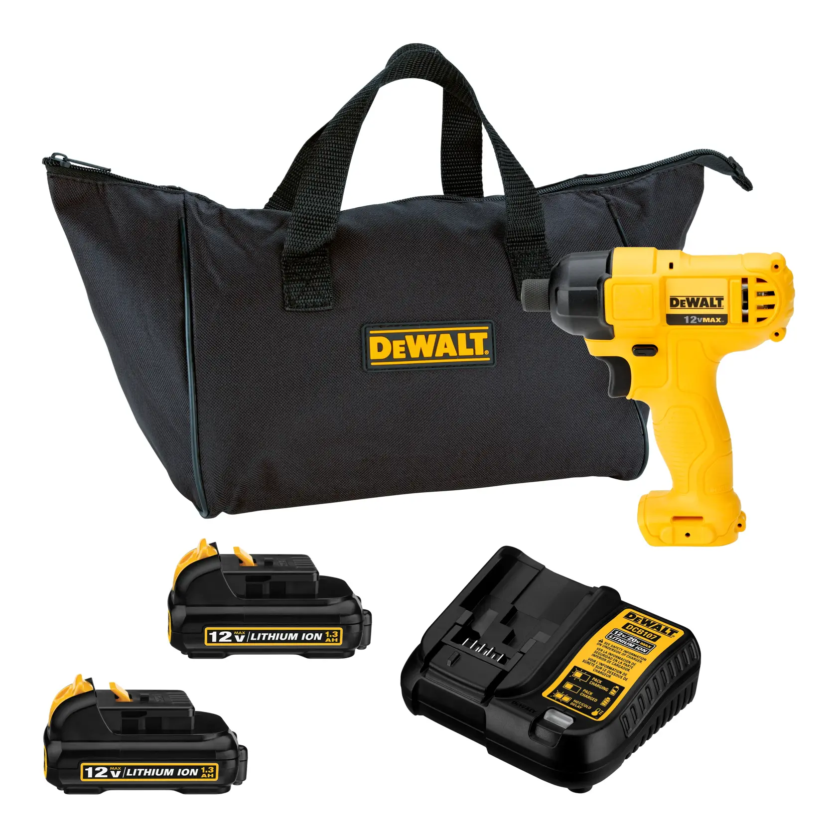 Um kit de ferramentas DEWALT com uma bolsa preta de transporte, uma furadeira sem fio amarela, duas baterias de íon de lítio 12V e um carregador de baterias.