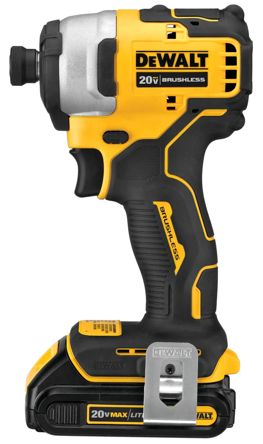 Uma chave de impacto sem fio DEWALT de 20V brushless com design amarelo e preto e um clipe de metal para cinto.