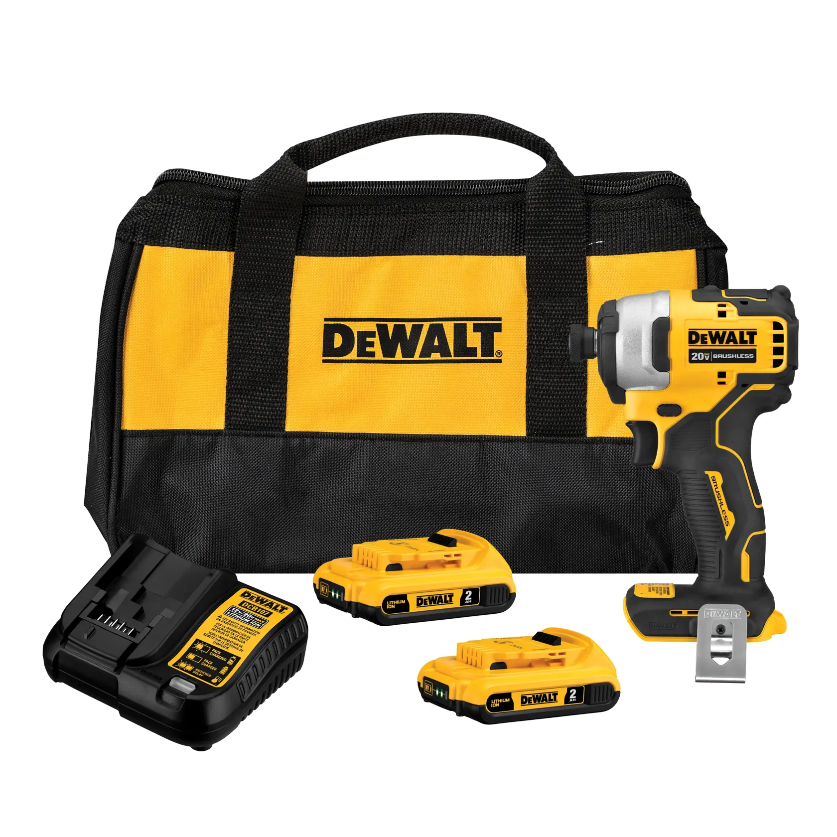 Um kit de parafusadeira de impacto sem fio DEWALT incluindo uma bolsa de transporte amarela e preta, uma parafusadeira de impacto brushless 20V, duas baterias recarregáveis e um carregador de bateria.