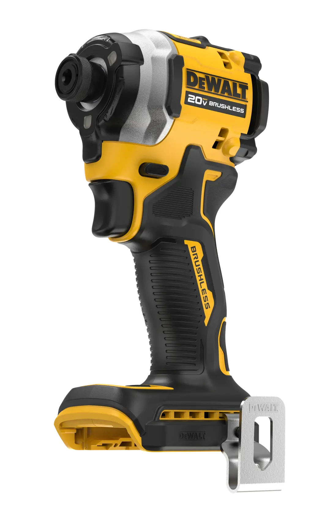 Uma parafusadeira de impacto sem fio Dewalt 20V brushless, mostrada em amarelo e preto com um clipe metálico para cinto. A ferramenta é projetada para parafusar e fixar parafusos e possui uma empunhadura ergonômica.