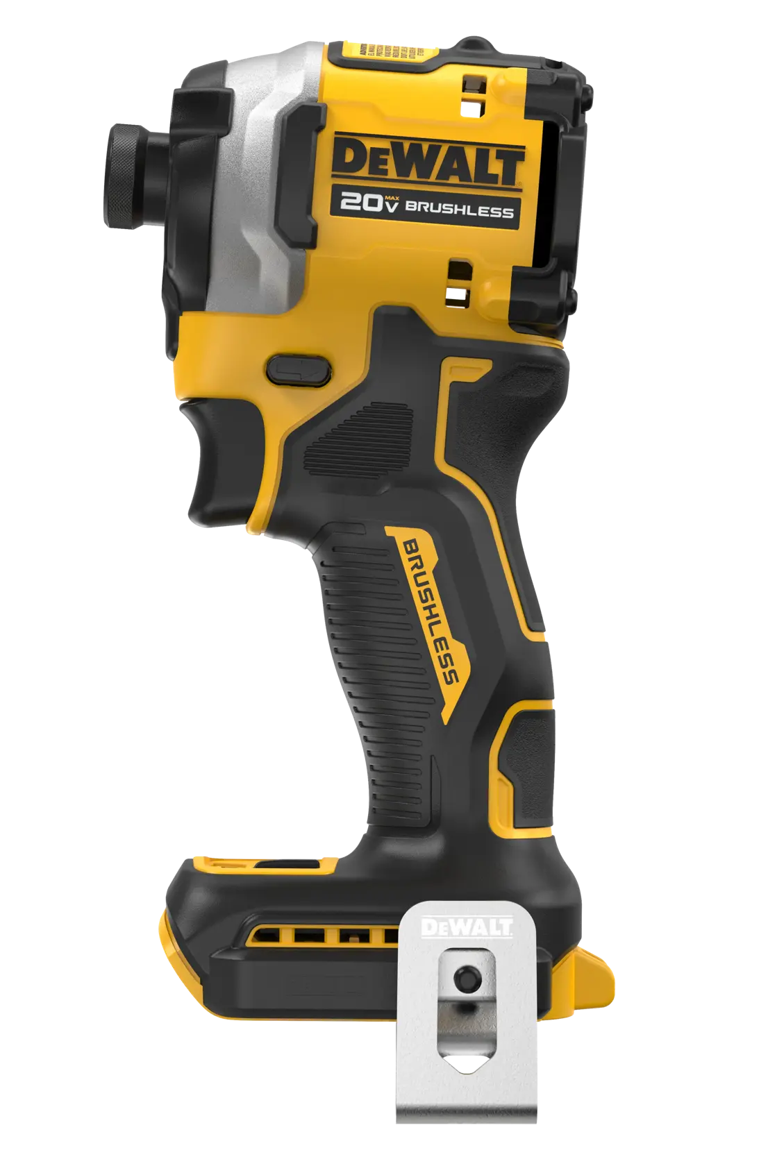 Um parafusadeira de impacto sem fio DEWALT 20V brushless é mostrada em perfil lateral, com corpo amarelo e preto, logo da marca e clipe de ferramenta visível.