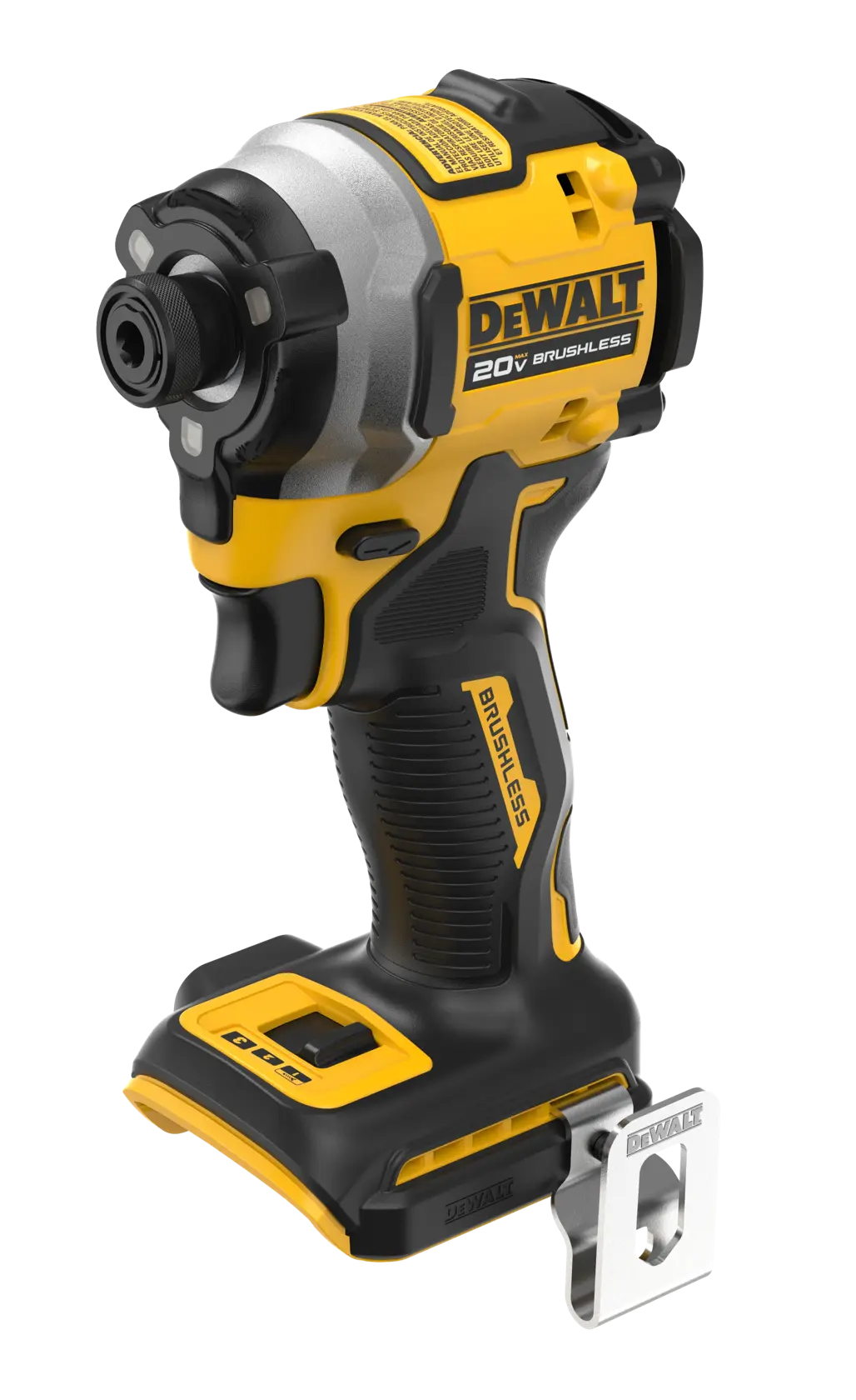 Um parafusadeira de impacto sem fio DEWALT de 20V, modelo DCF850B, exibido em posição vertical com corpo preto e amarelo, clipe de metal e pegada ergonômica.