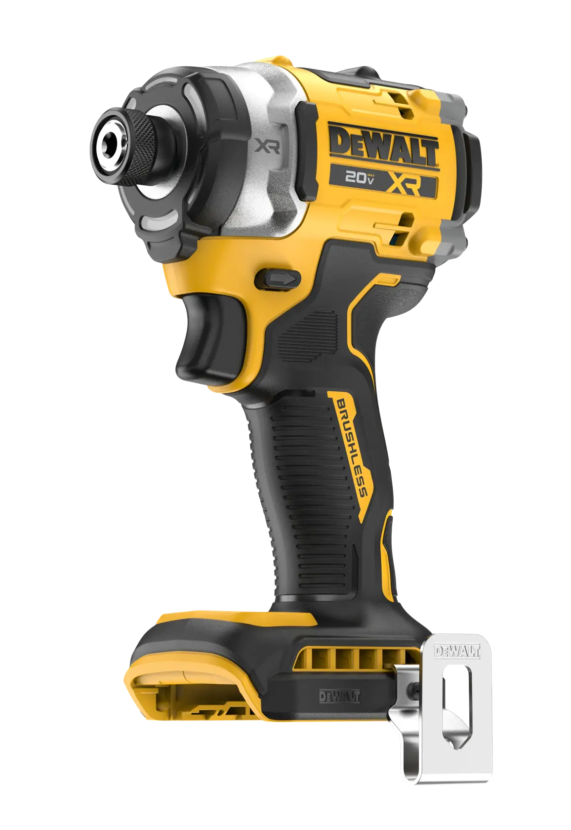 Uma parafusadeira de impacto sem fio DEWALT 20V XR brushless, exibida nas cores amarela e preta, com um clipe de cinto de metal acoplado.