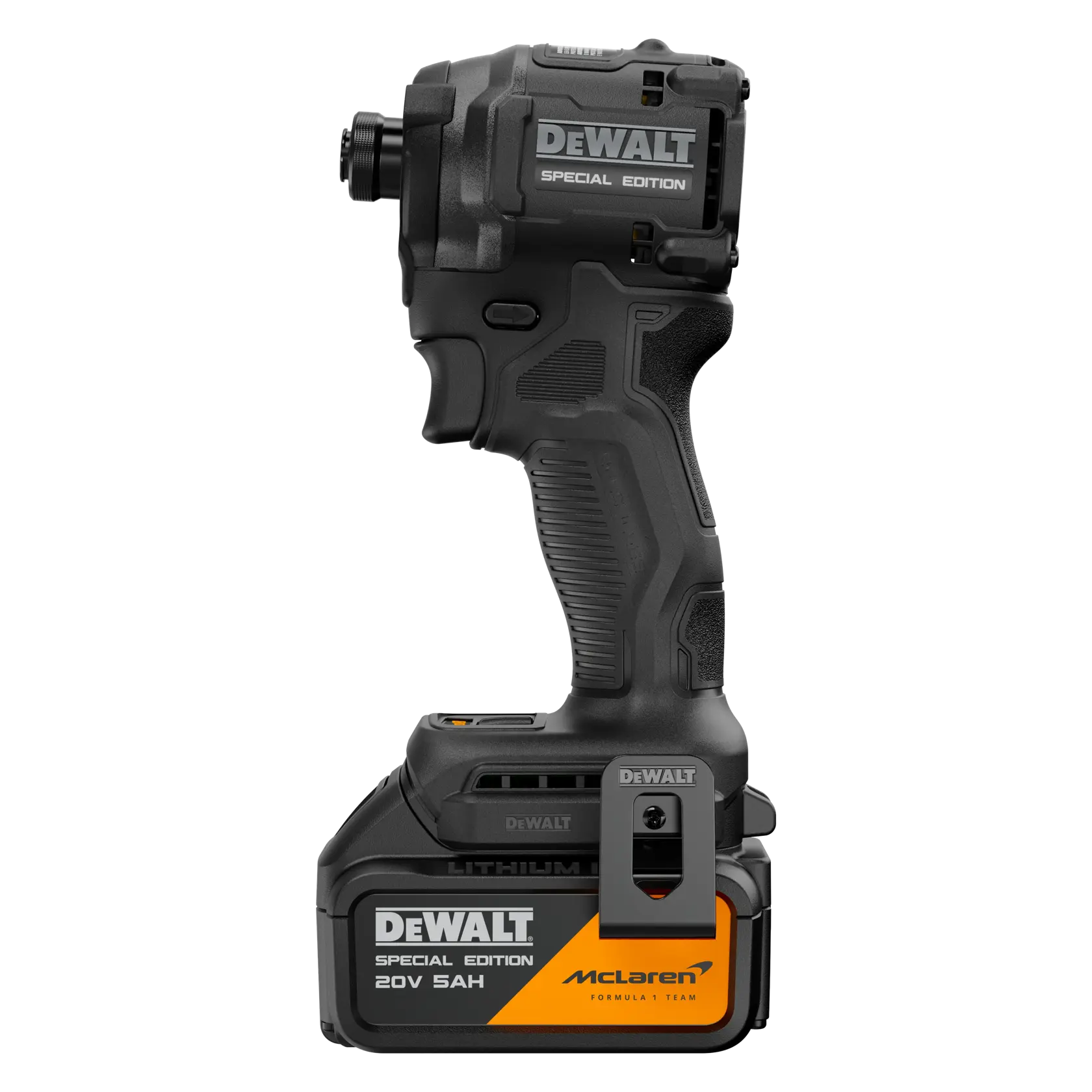 Uma parafusadeira de impacto sem fio DEWALT, edição especial McLaren Formula Team, com bateria de lítio 20V 5AH. A