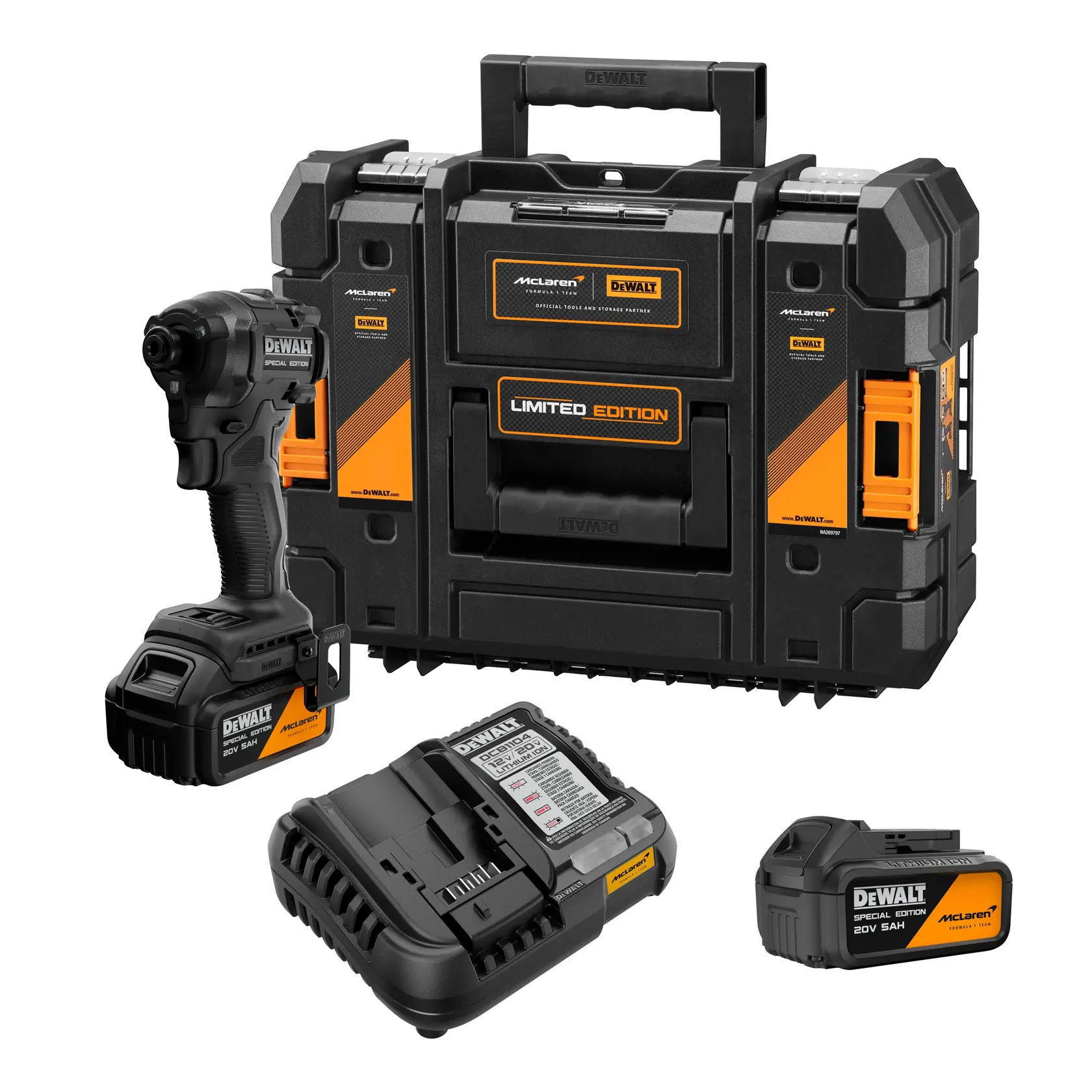 Kit de parafusadeira de impacto sem fio DEWALT McLaren Edição Limitada, incluindo uma maleta de transporte preta e laranja