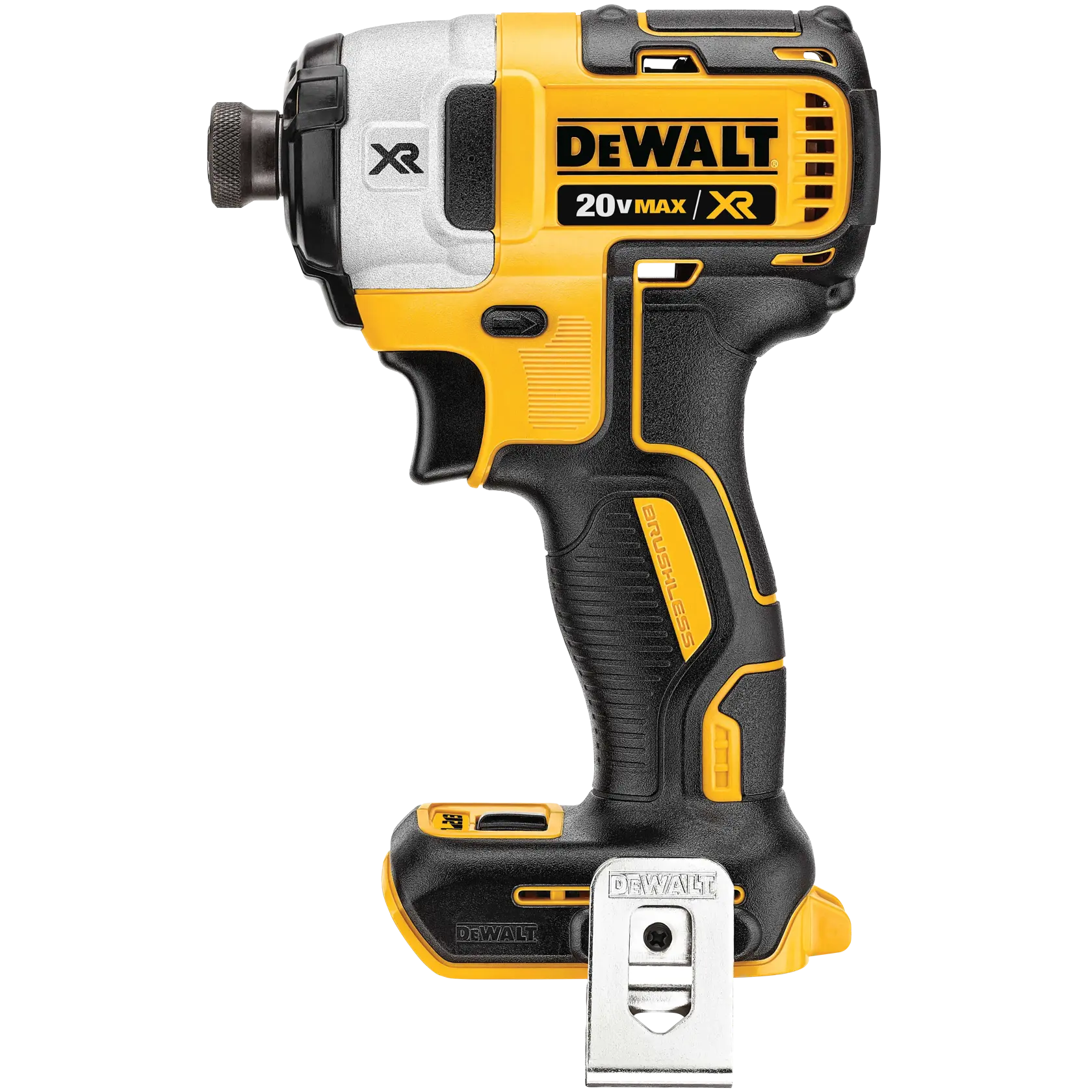 Uma chave de impacto sem fio DEWALT 20V Max XR com motor brushless, mostrada nas cores amarela e preta, modelo DCF887B. A ferramenta possui um clipe de cinto de metal preso à base.