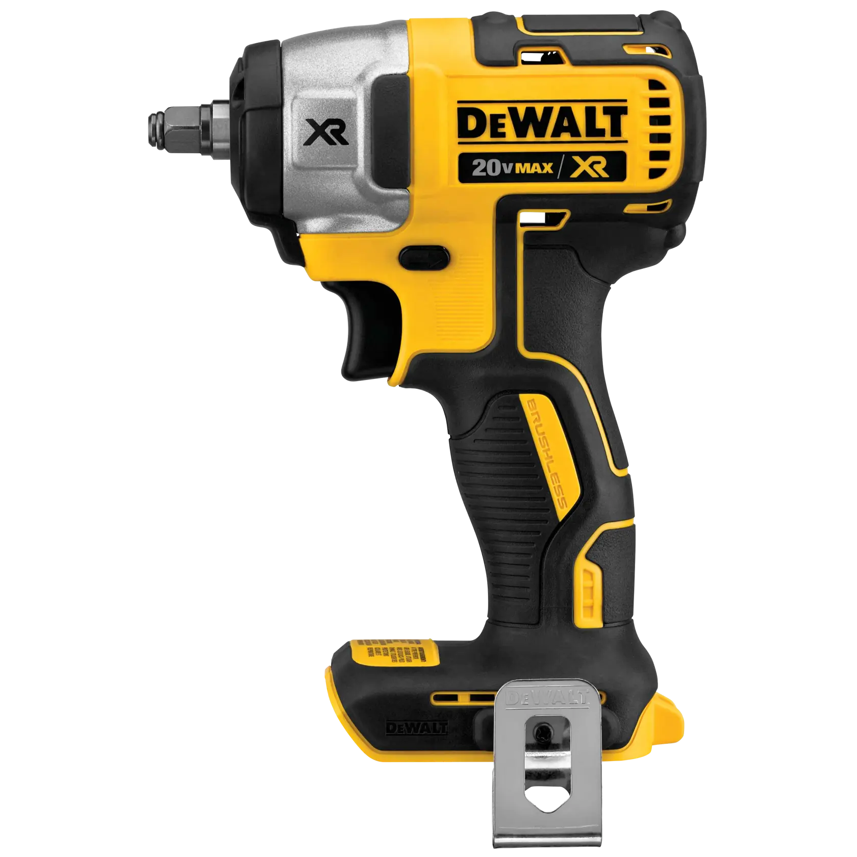 Chave de impacto sem fio, marca DEWALT, modelo 20V Max XR, com design compacto em amarelo e preto e clipe de cinto de metal.