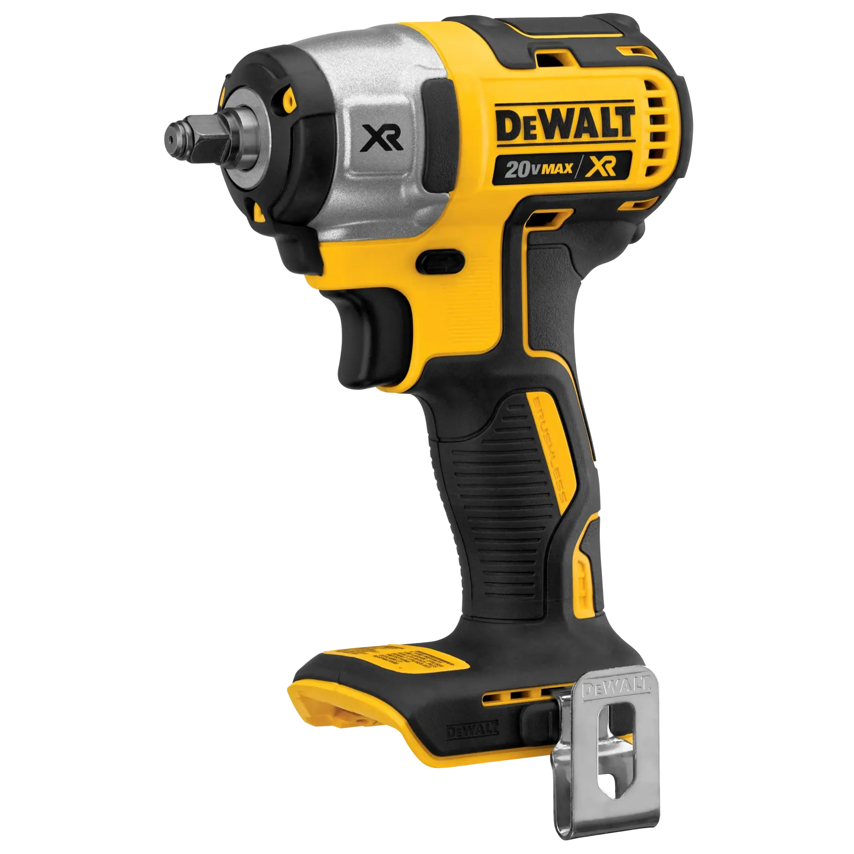 Uma chave de impacto sem fio DEWALT 20V Max XR com cabo amarelo e preto, com clipe de metal para cinto e design de motor sem escovas.