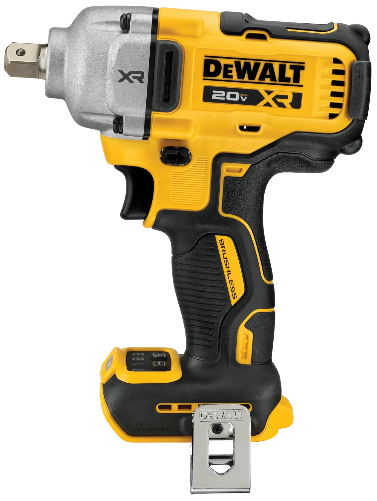 Uma pessoa usando luvas de trabalho utiliza uma chave de impacto sem fio DEWALT para fixar um parafuso de metal em um suporte metálico preso ao chão de concreto.