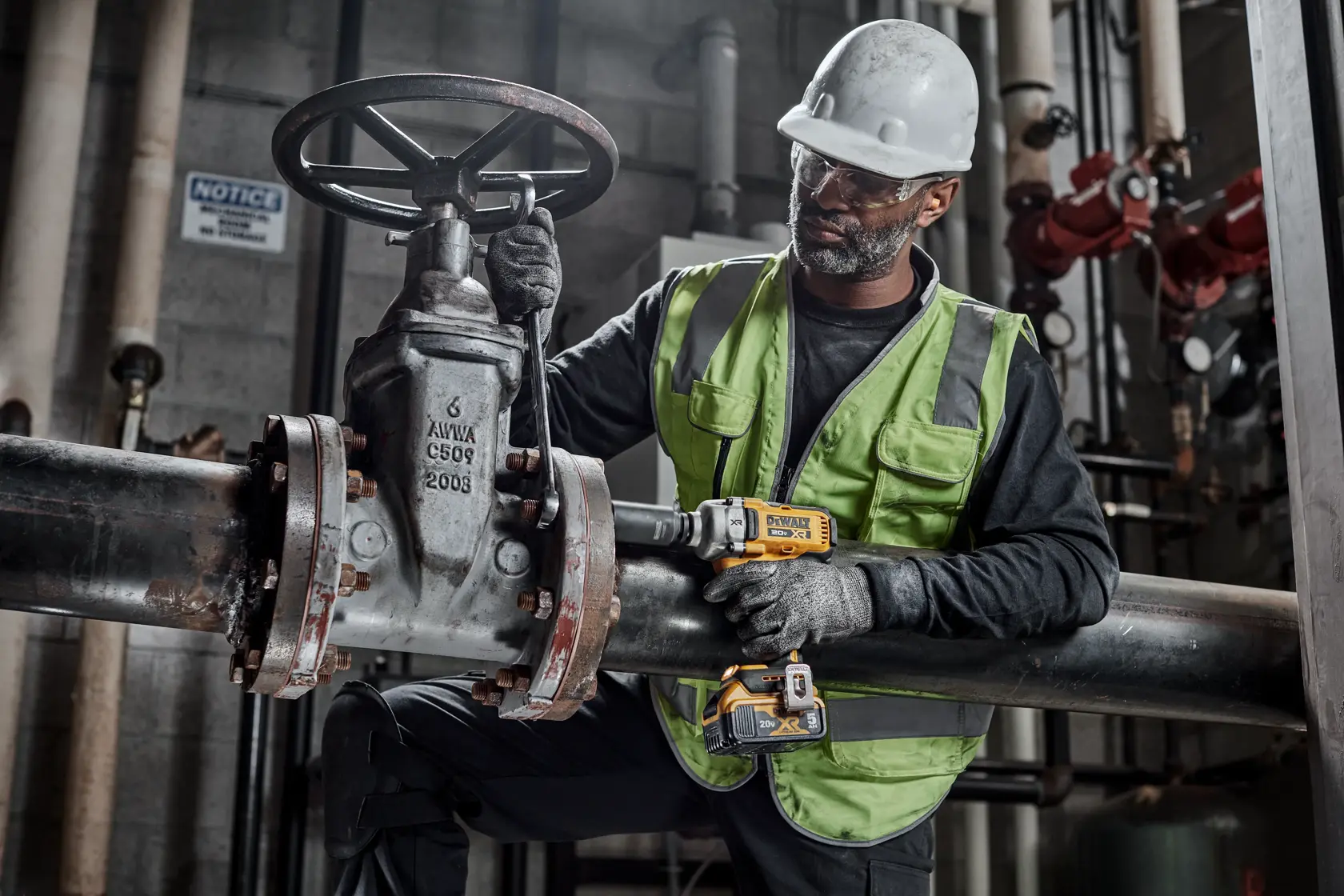 Uma pessoa usa uma chave de impacto sem fio DEWALT (modelo DCF892B) para trabalhar em um motor em uma oficina. O rosto da pessoa está desfocado por privacidade e o fundo da oficina inclui ferramentas e equipamentos.