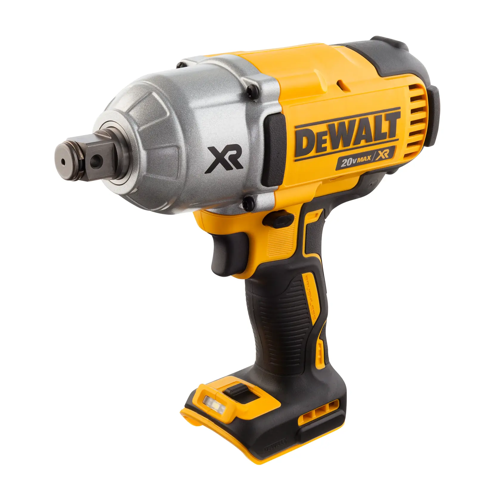 Uma parafusadeira de impacto sem fio DEWALT 20V MAX XR com corpo amarelo e preto, parte frontal metálica e pegada ergonômica.