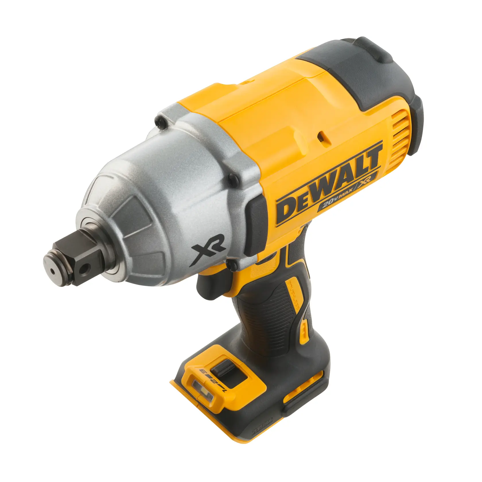 Chave de impacto sem fio DEWALT amarela e preta, com construção robusta de metal e plástico. A ferramenta possui cabo tipo pistola e acionamento quadrado visível na frente. O compartimento da bateria está vazio.