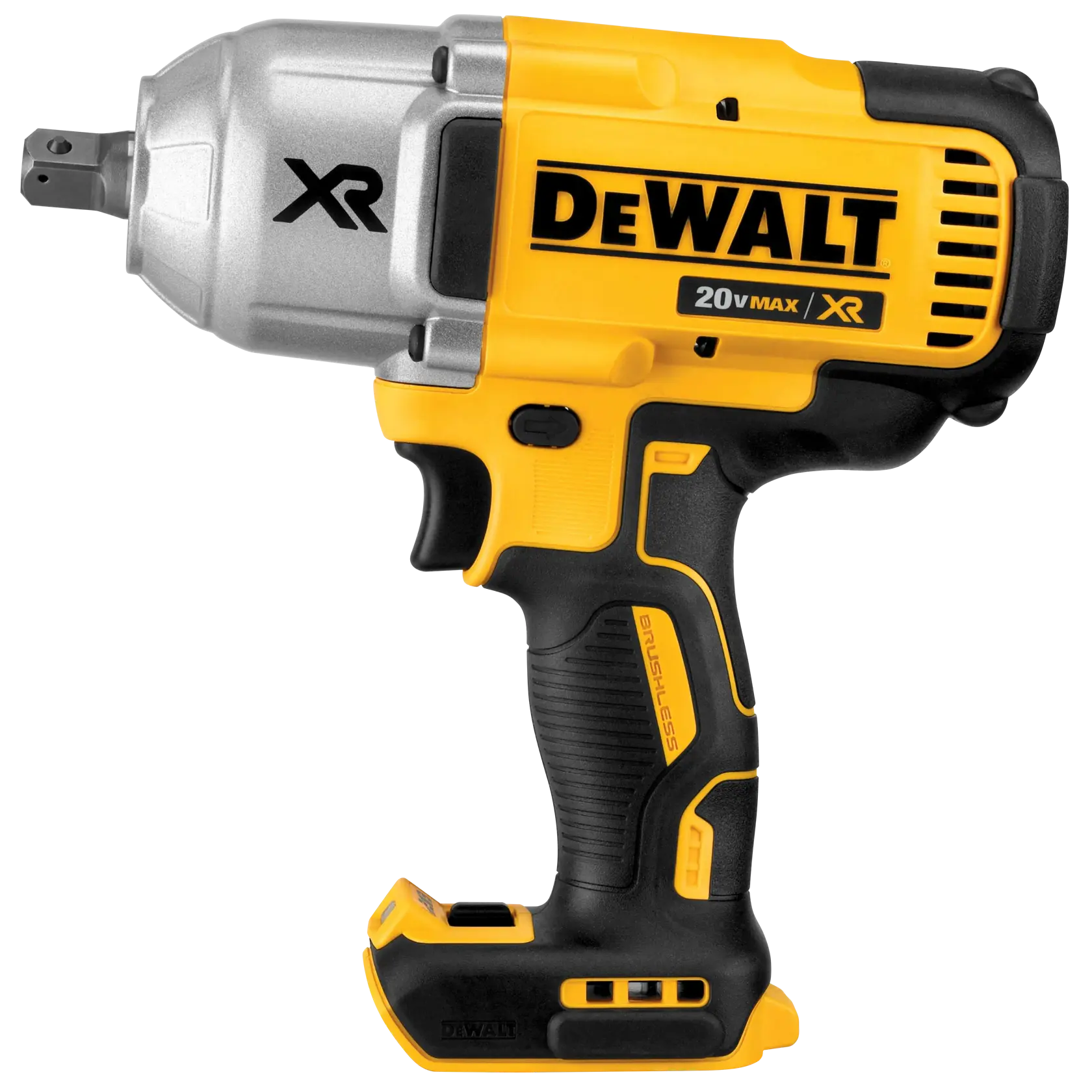 Uma chave de impacto sem fio DEWALT 20V Max XR com motor brushless. A ferramenta é predominantemente amarela e preta, com metal prateado na cabeça. Projetada para tarefas pesadas e possui cabo ergonômico.