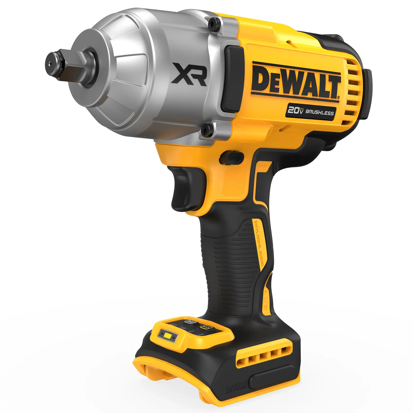 Imagem em close de uma chave de impacto sem fio DEWALT XR Brushless 20V, com corpo amarelo e preto, mostrada sem a bateria conectada.