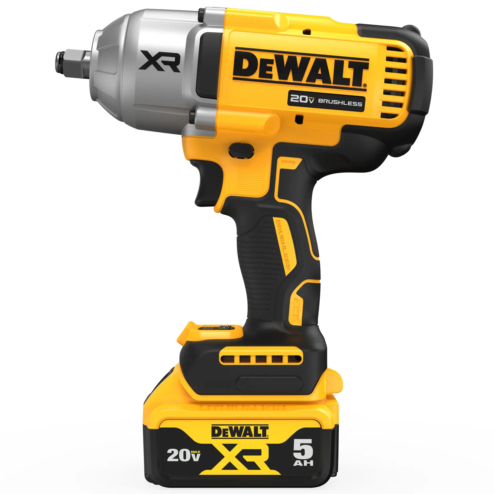 Uma chave de impacto sem fio DEWALT 20V XR brushless com bateria de 5Ah, design amarelo e preto, apresentada em pé sobre fundo branco.